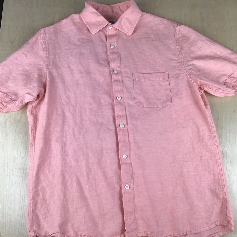 Hickey Freeman Mens Medium Button Up Shorts Sleeve Linen Cotton Blend Shirt